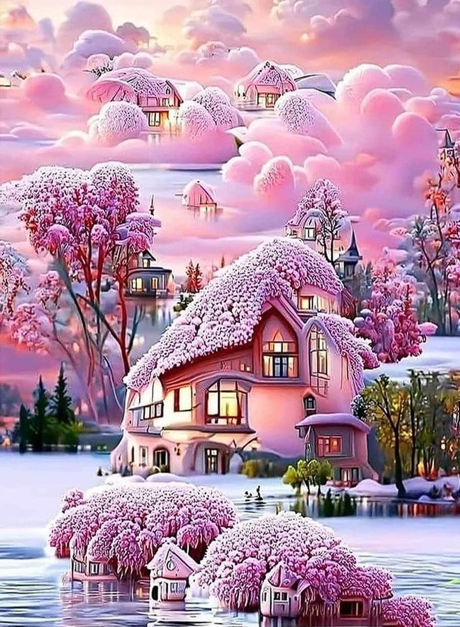 TREXEE DIY Diamond Painting Kits for Adults - Dream Scenery Pink House with Clouds Full Round Drill Diamond Art Kits for Gifts Wall Room Decor (12x16 inch) Unframed - Image 1